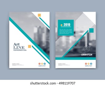 Abstract a4 brochure cover design. Info banner. Text frame mockup. Urban city view font. Title sheet model set. Modern vector front page. Brand logo texture. Green triangle figure icon. Ad flyer fiber