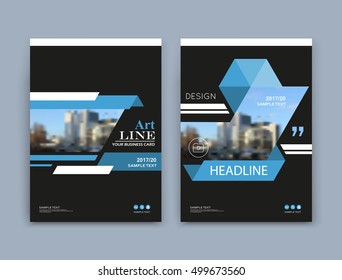 Abstract a4 brochure cover design. Info banner text frame mockup. Urban city view font. Title sheet model set. Modern vector front page. Brand logo texture. Blue triangle figure icon. Ad flyer fiber