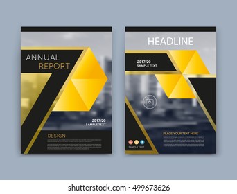 Abstract a4 brochure cover design. Info banner text frame surface. Urban city view font. Title sheet model set. Modern vector front page. Brand logo texture. Yellow triangle image icon. Ad flyer fiber