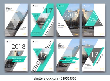 Abstract a4 brochure cover design. Templates for banner, business card, title sheet model set, flyer or ad text font. Modern vector front page art with urban city street texture. Green triangles icon