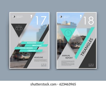 Abstract a4 brochure cover design. Templates for banner, business card, title sheet model set, flyer or ad text font. Modern vector front page art with urban city street texture. Green triangles icon