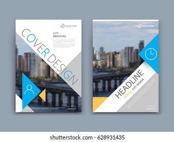 Abstract a4 brochure cover design. Template for banner, business card, title sheet model set, flyer, ad text font. Modern vector front page art with urban city river bridge. Blue, yellow triangle icon