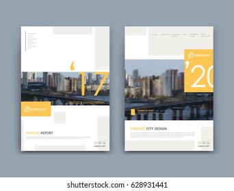 Abstract a4 brochure cover design. Template for info banner, business card, title sheet model set, ad flyer text, web site font. Vector front page art with urban city river bridge. Patch squares icon