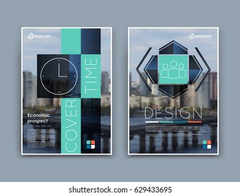 Abstract a4 brochure cover design. Template for banner, business card, title sheet model set, flyer, ad text font. Modern vector front page art with urban city river bridge. Green square mosaic icon