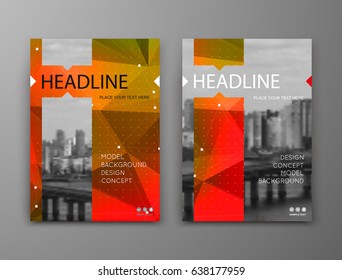 Abstract a4 brochure cover design. Template for banner, business card, title sheet model set, flyer, ad text font. Modern vector front page art with urban city bridge. Red, orange, yellow figures icon