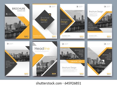 Abstract a4 brochure cover design. Template for banner, business card, title sheet model set, flyer, ad text font. Modern vector front page art with urban city river bridge. Lines, yellow figures icon