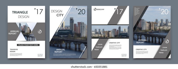 Abstract a4 brochure cover design. Template for banner, business card, title sheet model set, info flyer, ad text font. Modern vector front page art with urban city river bridge. Grey line figure icon