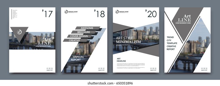 Abstract a4 brochure cover design. Template for banner, business card, title sheet model set, info flyer, ad text font. Modern vector front page art with urban city river bridge. Grey line figure icon