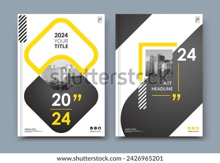 Abstract a4 brochure cover design. Ad text frame. Urban city view font. Title sheet model. Modern vector front page. Brand logo. Banner texture. Black, white ring figure, Yellow line icon. Flyer fiber