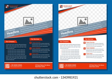 Abstract a4 brochure, flyer design. Fancy info banner frame for photo. Modern ad flyer text. Annual report binder. Title sheet model set. Fancy vector front page. Orange and dark blue color