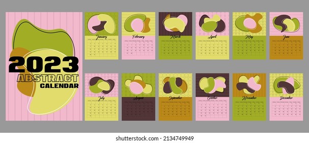 Abstract A4 calendar 2023 with spots in trendy colors. Cover and 12 monthly pages. Week starts on Monday,  A3 A2 A6 formats. Isolated on grey background.