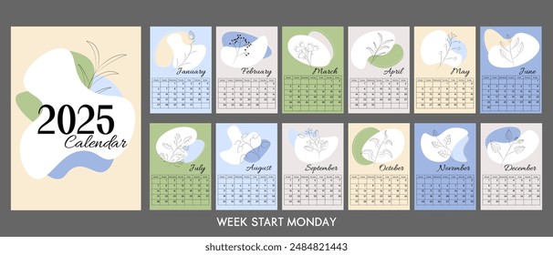 Abstract A4 calendar 2025 trendy spots, hand drawn botanic flowers and leaves. Cover and 12 monthly pages. Week starts Monday, A3 A2 A6 formats. Isolated on gray background. Print calendar template.