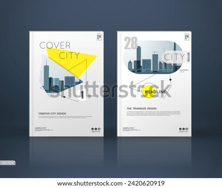 Abstract a4 white brochure cover design. Ad text frame. Urban city view font. Title sheet model. Modern vector front page. Brand logo. Banner texture. Black, yellow triangle, line icon. Flyer fiber