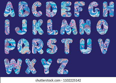 Abstract ABC in bright summer color. Cool carnival style alphabet for lettering, titles, party poster, invitation, cover. Stock vector illustration.