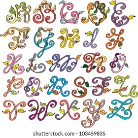 Abstract ABC,natural alphabet with leaves, vector illustration