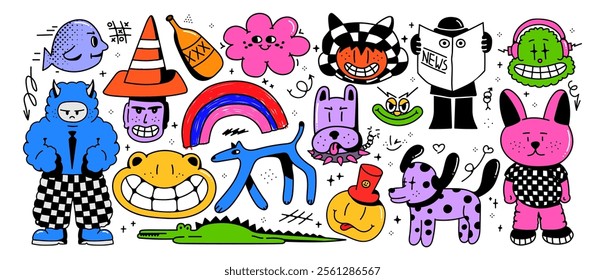 Abstract acid cartoon doodle colorful characters. In psychedelic style, funny stickers, checkerboard texture. Isolated on white background