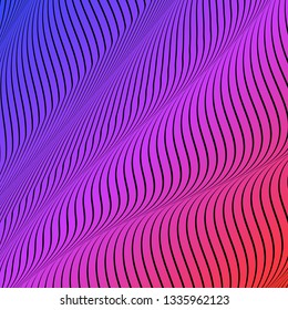 Abstract acid color wavy background, optical art, opart striped. Neon gradient. Vector waves, geometry line stripes