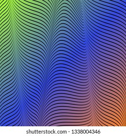 Abstract acid color wavy background, optical art, opart striped. Neon gradient. Vector waves, geometry line stripes