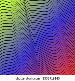 Abstract acid color wavy background, optical art, opart striped. Neon gradient. Vector waves, geometry line stripes