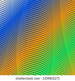 Abstract acid color wavy background, optical art, opart striped. Neon gradient. Vector waves, geometry line stripes