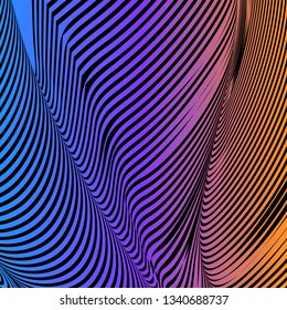 Abstract acid color wavy background, optical art, opart striped. Neon gradient. Vector waves, geometry line stripes