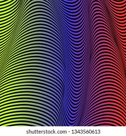 Abstract acid color wavy background, optical art, opart striped. Neon gradient. Vector waves, geometry line stripes
