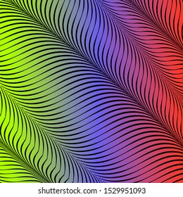 Abstract acid color wavy background, optical art, opart striped. Neon gradient. Vector waves, geometry line stripes