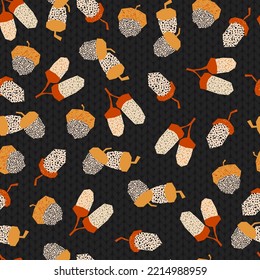 Abstract Acorn Twigs on Black Background Vector Seamless Pattern