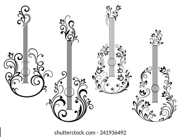 Abstract acoustic guitar icons with floral ornament in the form of guitar body