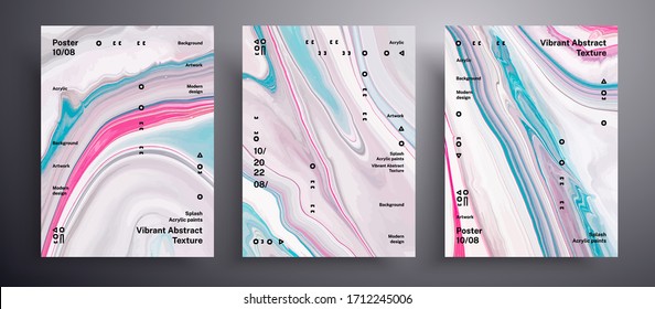 Abstract acrylic banner, fluid art vector texture pack. Artistic background that can be used for design cover, poster, brochure and etc. Blue, white and pink universal trendy painting backdrop