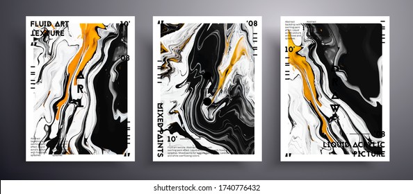 Abstract acrylic banner, fluid art vector texture set. Beautiful background that can be used for design cover, invitation, flyer and etc. Trendy colors of 2021 year - gray and yellow.