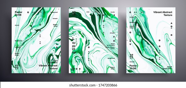 Abstract acrylic banner, fluid art vector texture set. Beautiful background that can be used for design cover, invitation, flyer and etc. Green and white unusual creative surface template