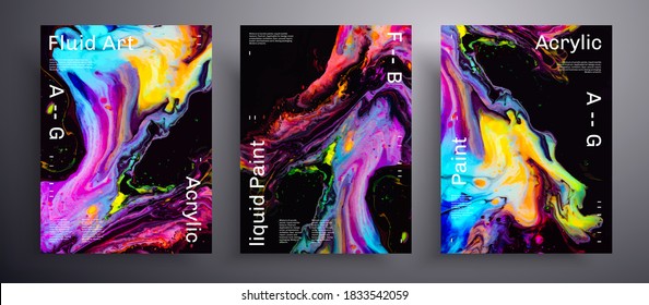 Abstract acrylic banner, fluid art vector texture set. Beautiful background that applicable for design cover, invitation, flyer and etc. Purple, blue, yellow and black creative iridescent artwork.