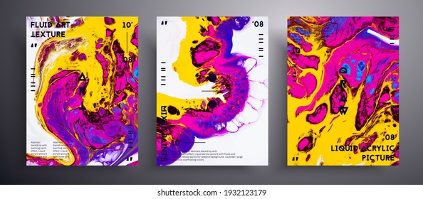 Abstract acrylic banner, fluid art vector texture set. Trendy background that can be used for design cover, poster, brochure and etc. Yellow, pink, blue and white unusual creative surface template.