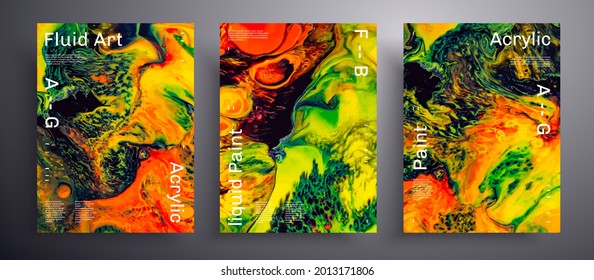 Abstract acrylic banner, fluid art vector texture set. Artistic background that can be used for design cover, invitation, flyer and etc. Orange, green, yellow and black creative iridescent artwork.