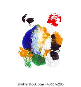 Abstract acrylic design object. Green, yellow, red and blue. Imprint on paper. Monotype. Hand drawn. Design element. Vector illustration.