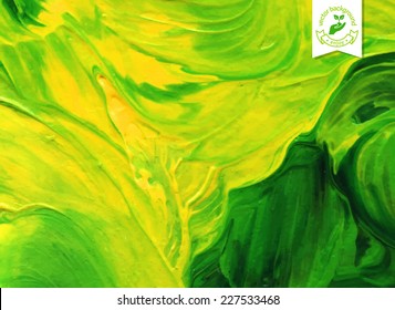 Abstract acrylic painted background. Vector illustration. Hand drawn green strokes. Ecology backdrop. Imitation of child's drawing.