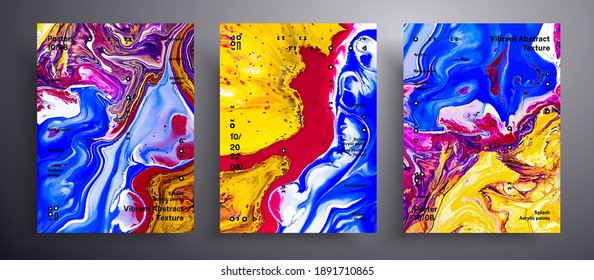 Abstract acrylic placard, fluid art vector texture set. Beautiful background that can be used for design cover, poster, brochure and etc. Yellow, blue and purple unusual creative surface template.