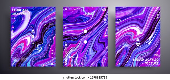 Abstract acrylic placard, fluid art vector texture set. Beautiful background that applicable for design cover, invitation, presentation and etc. Purple, blue and white creative iridescent artwork.