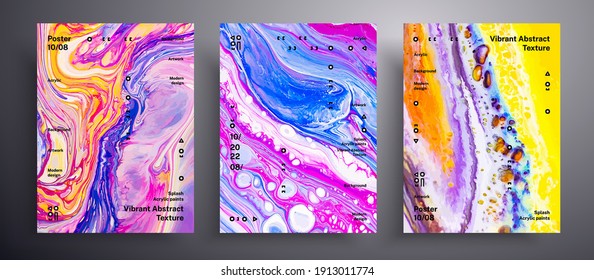 Abstract acrylic placard, fluid art vector texture set. Artistic background that applicable for design cover, invitation, flyer and etc. Yellow, blue and pink unusual creative surface template.