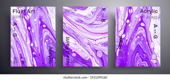 Abstract acrylic placard, fluid art vector texture set. Artistic background that applicable for design cover, poster, brochure and etc. Purple and white unusual creative surface template.