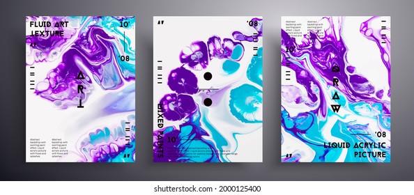 Abstract acrylic placard, fluid art vector texture pack. Artistic background that applicable for design cover, poster, brochure and etc. Purple, turquoise and white universal trendy painting backdrop.