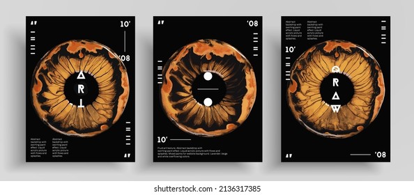 Abstract acrylic poster with eyes, fluid art vector texture collection. Trendy background that applicable for design cover, invitation, presentation and etc. Black, orange and brown creative artwork.