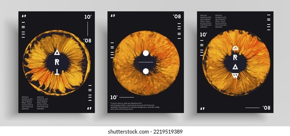 Abstract acrylic poster with eyes, fluid art vector texture collection. Trendy background that applicable for design cover, invitation, presentation and etc. Black, orange and brown creative artwork.