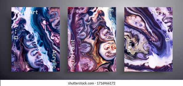 Abstract acrylic poster, fluid art vector texture set. Trendy background that can be used for design cover, poster, brochure and etc. Purple, blue, orange and brown unusual creative surface template