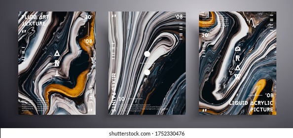 Abstract acrylic poster, fluid art vector texture set. Trendy background that can be used for design cover, invitation, flyer and etc. Golden, navy blue and brown universal trendy painting backdrop