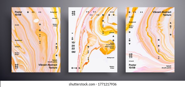 Abstract acrylic poster, fluid art vector texture collection. Trendy background that applicable for design cover, invitation, flyer and etc. Yellow, coral and white creative iridescent artwork