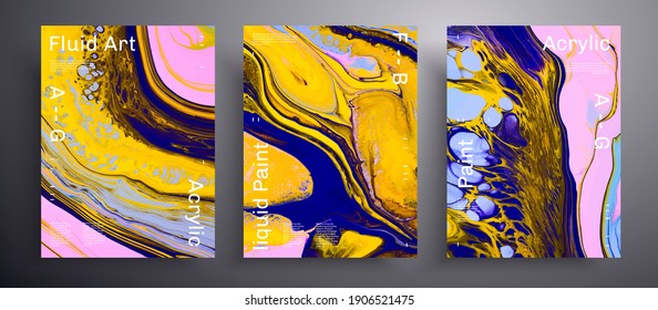 Abstract acrylic poster, fluid art vector texture pack. Trendy background that can be used for design cover, invitation, presentation and etc. Yellow, navy blue and pink creative iridescent artwork.