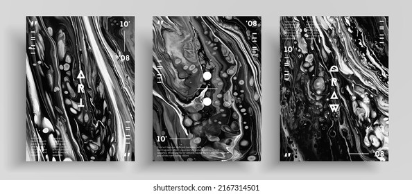 Abstract acrylic poster, fluid art vector texture collection. Beautiful background that can be used for design cover, poster, brochure and etc. Black and white unusual creative surface template.