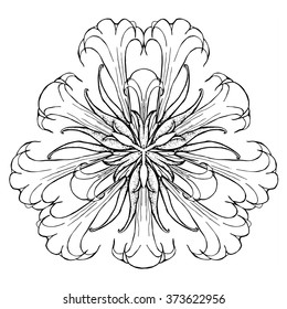 Abstract adult coloring page flower mandala large blooms of datura toxic plant from South America sacred moonflower design kaleidoscopic effect illustration hand drawn